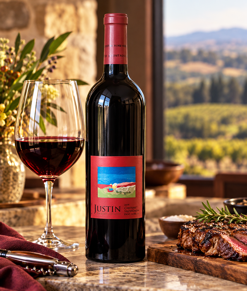 JUSTIN Cabernet Sauvignon 2009 Paso Robles California red wine with a glass of Cabernet Sauvignon and grilled steak.