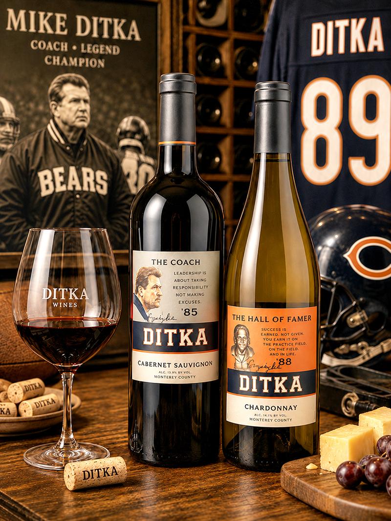 Mike Ditka Wine The Coach Cabernet Sauvignon 2011 and Mike Ditka Wine The Hall of Famer Chardonnay 2012. <a href="#taste">Click here for tasting notes.</a>