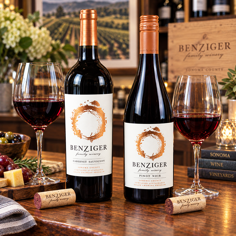 Benziger Pinot Noir and Cabernet Sauvignon.