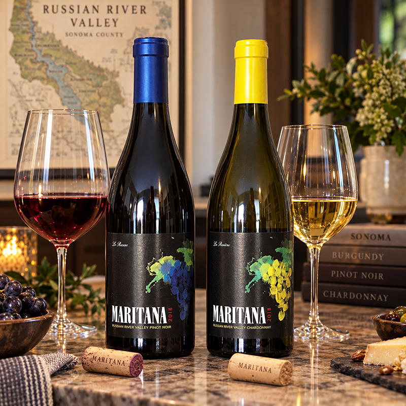 Maritana Chardonnay "La Rivière" 2018 and Maritana Pinot Noir "Le Russe" 2018.