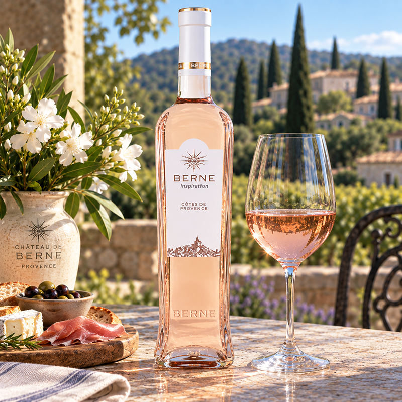 Chateau de Berne Inspirations's unique square bottle. <a href="#taste">Click here for tasting notes.</a>