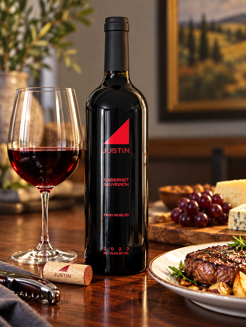 JUSTIN Cabernet Sauvignon 2023 Paso Robles California red wine with a glass of Cabernet Sauvignon and grilled steak.