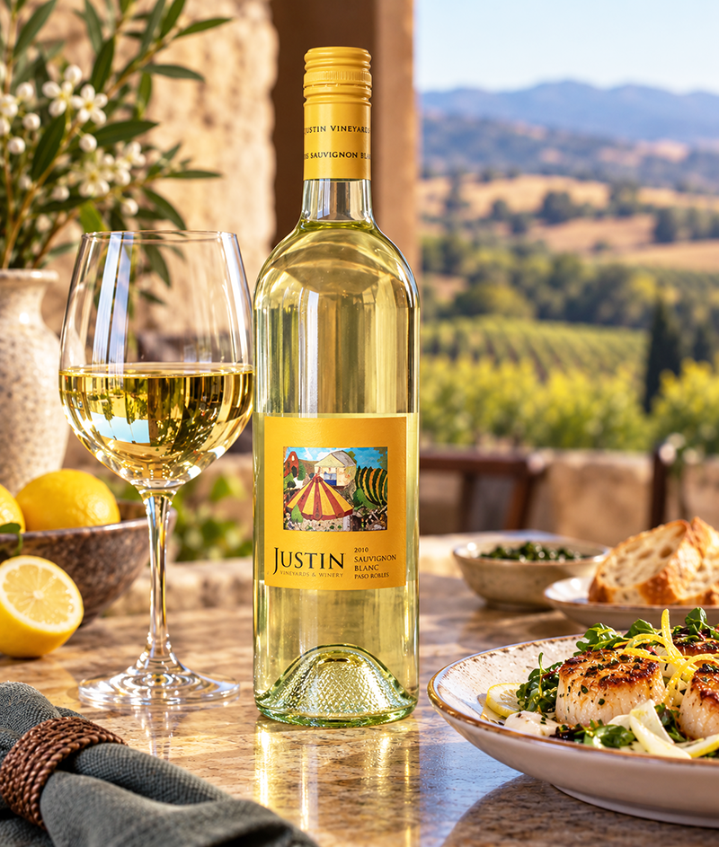 JUSTIN Vineyards Sauvignon Blanc 2010 from Paso Robles, California, with a glass of white wine and seared scallops.