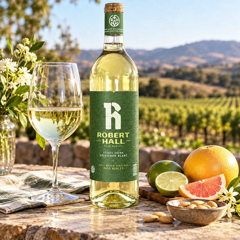 Photo of Robert Hall Regenerative Organic Sauvignon Blanc 2025 bottle with a glass of white wine, lime, grapefruit, and almonds overlooking Paso Robles vineyards.