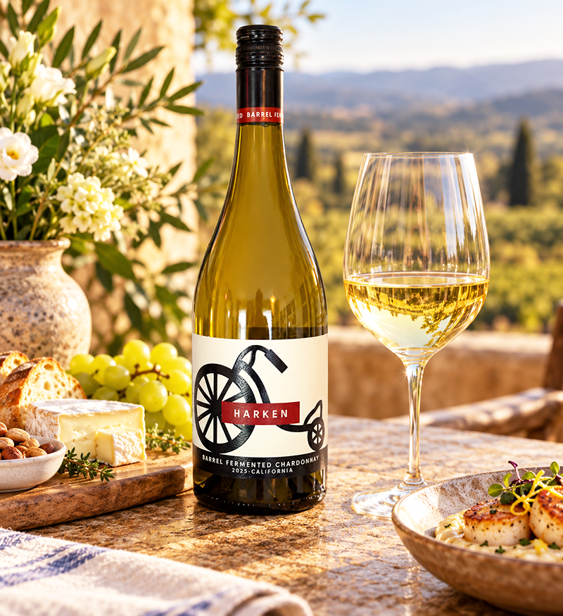 Harken Barrel Fermented Chardonnay 2025 California wine bottle with a glass of Chardonnay overlooking a vineyard.